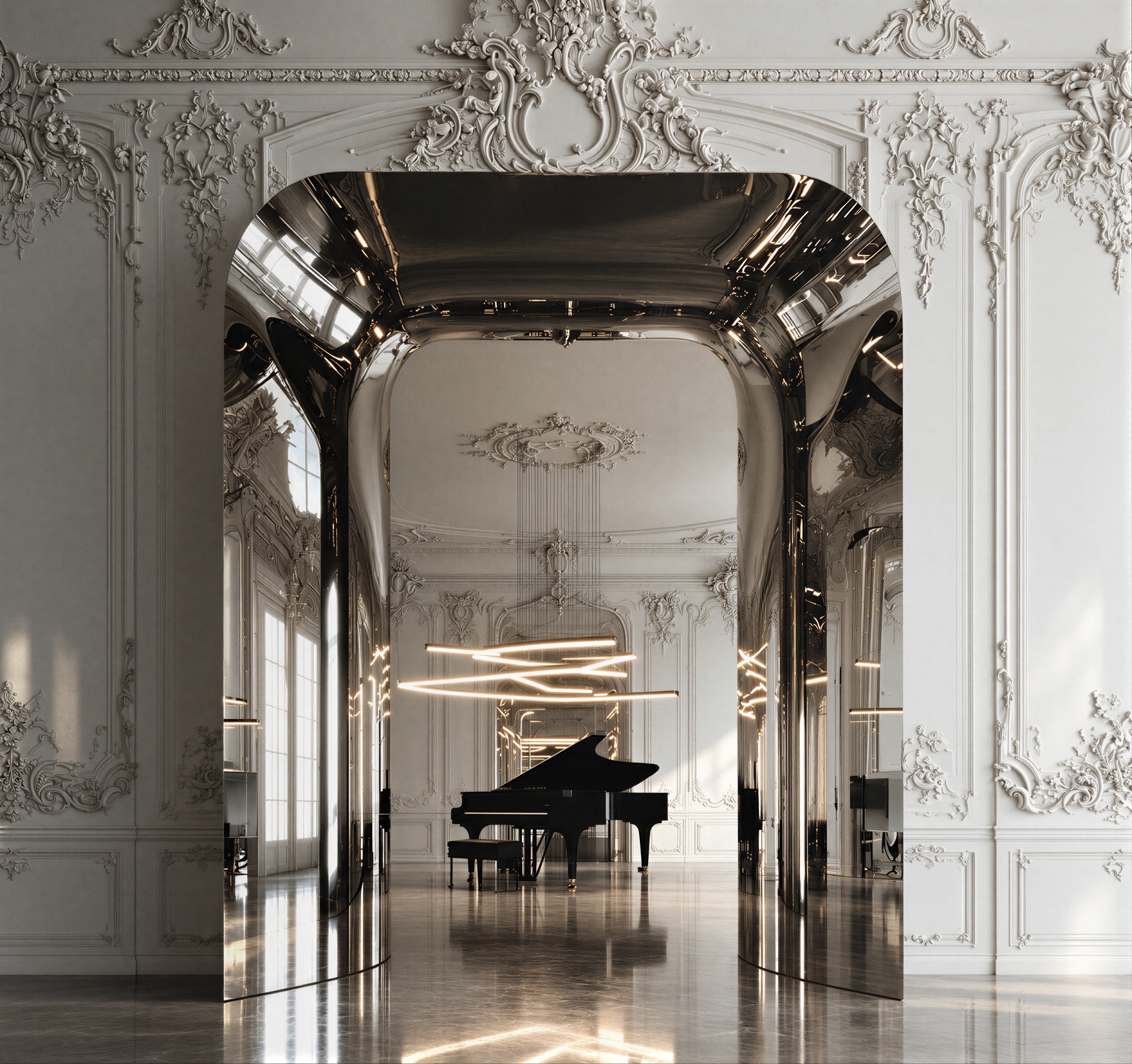 A polished metal portal set into white rococo plasterwork, framing a grand piano beneath a sculptural light