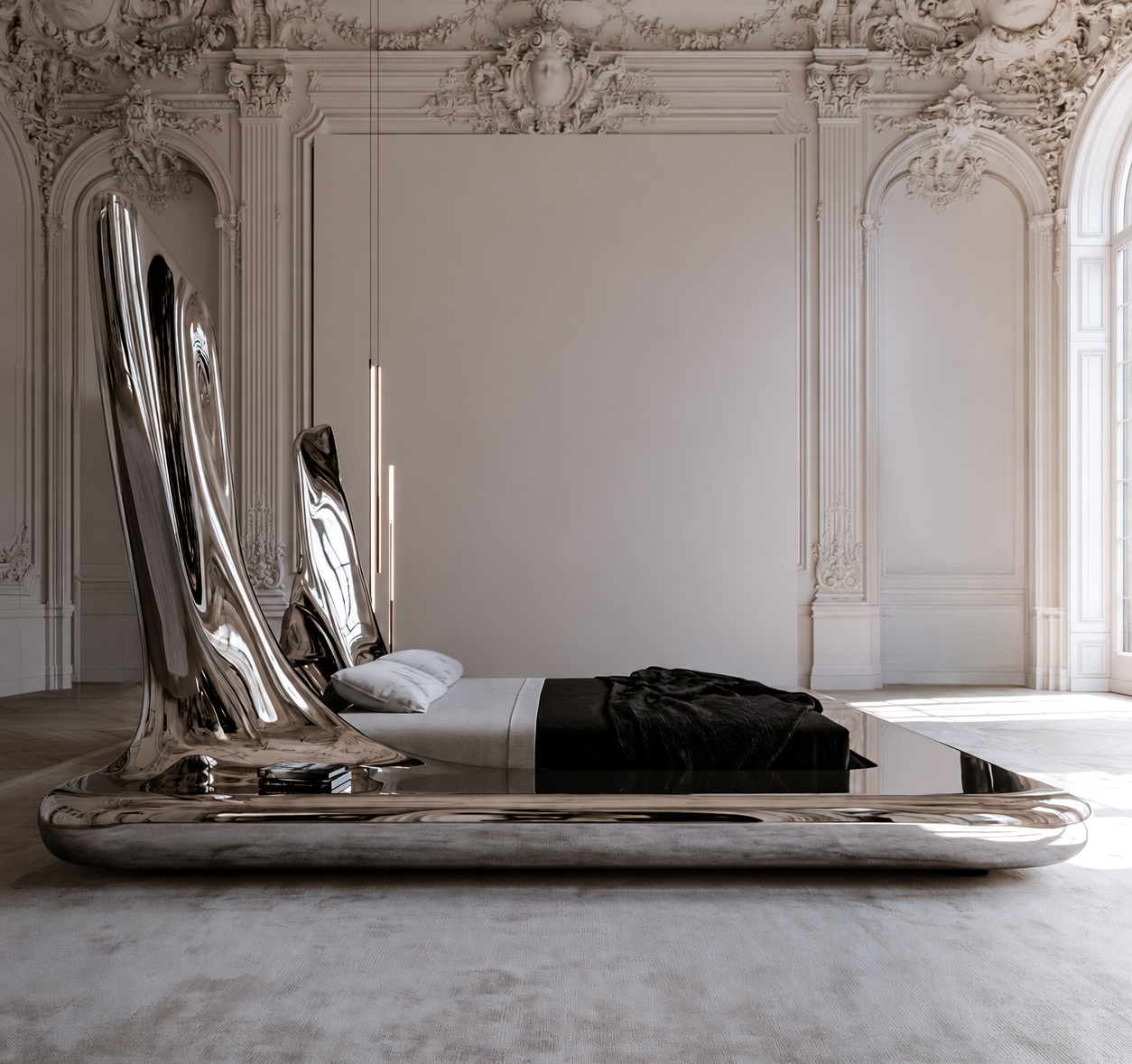 A bed with a towering liquid-chrome headboard on a polished metal plinth, in a white rococo salon