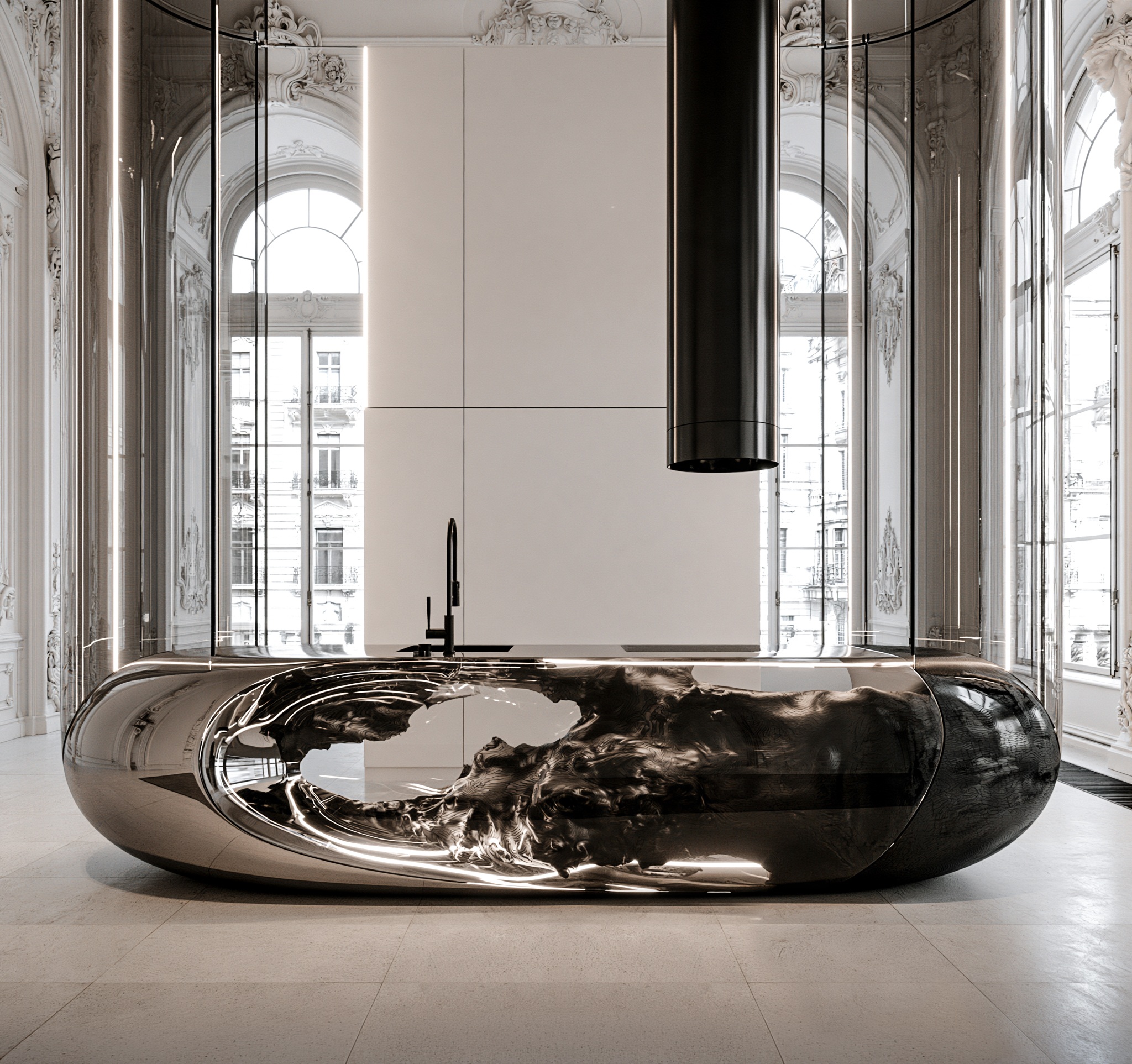 A kitchen island of polished chrome with a dark molten core, inside a glass enclosure beneath rococo arches