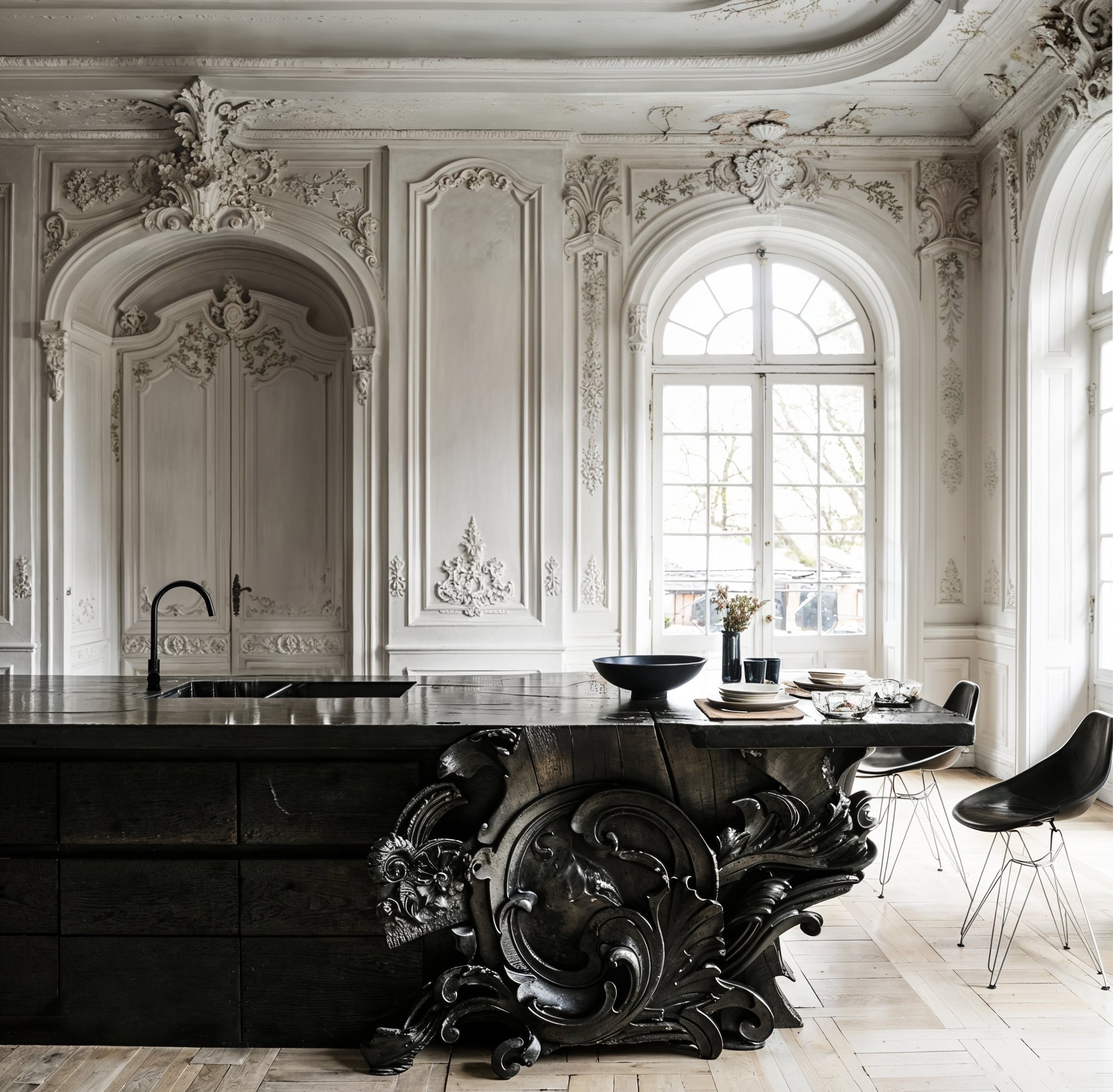 A black kitchen island with a carved baroque leg beneath ornate white plasterwork and arched windows