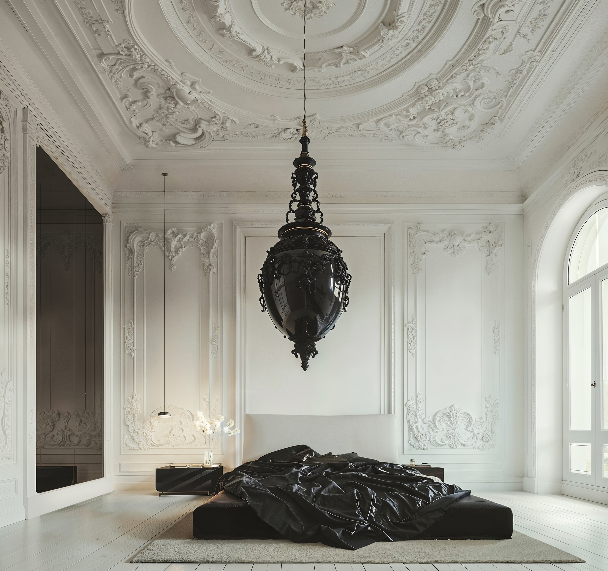A bedroom with a vast black ornamented pendant hanging above a low black bed beneath a rococo ceiling