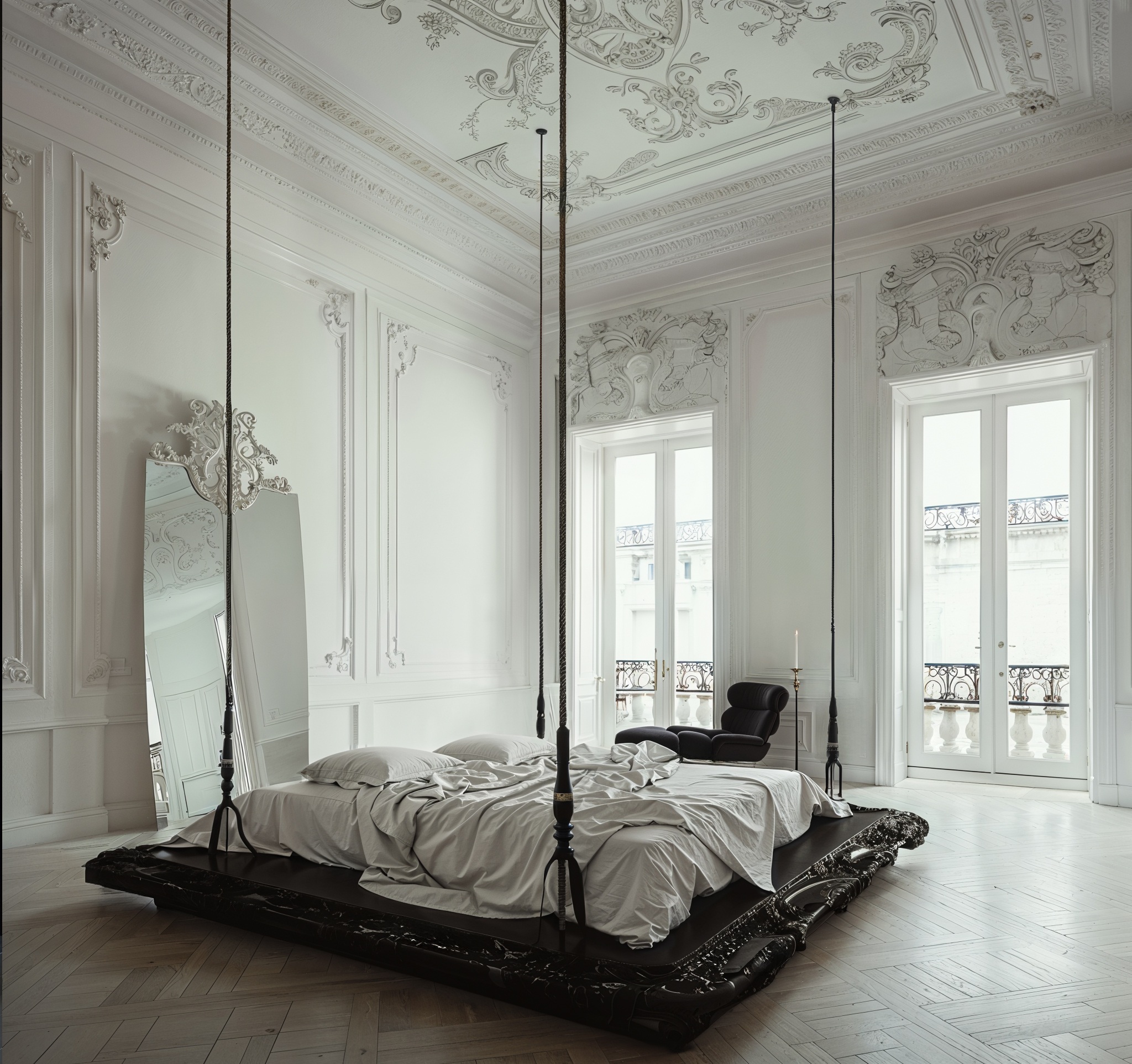 A bed suspended on ropes above a carved black marble base, in a white panelled room with French windows