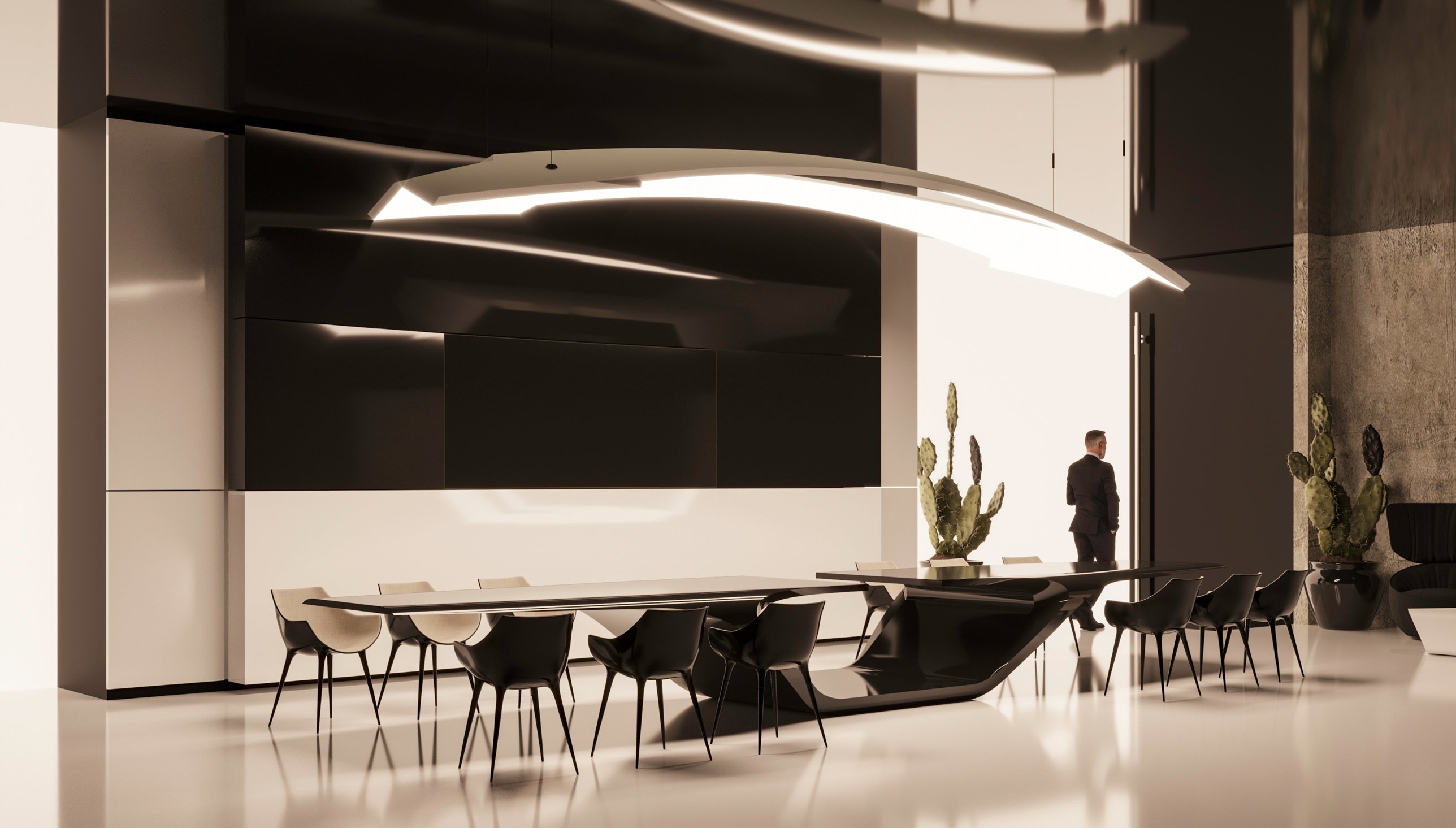 The seven-metre black conference table beneath a long luminous lighting sculpture, with cacti and a figure by the window