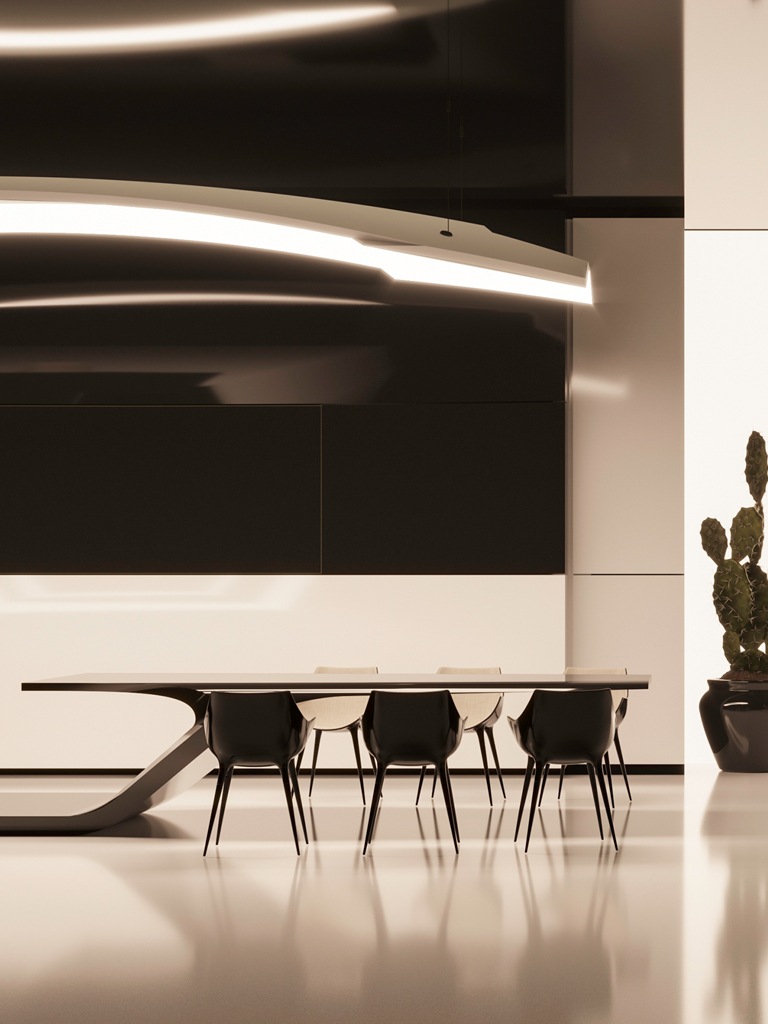 The fluid black base of the conference table with dark chairs beneath the lighting sculpture