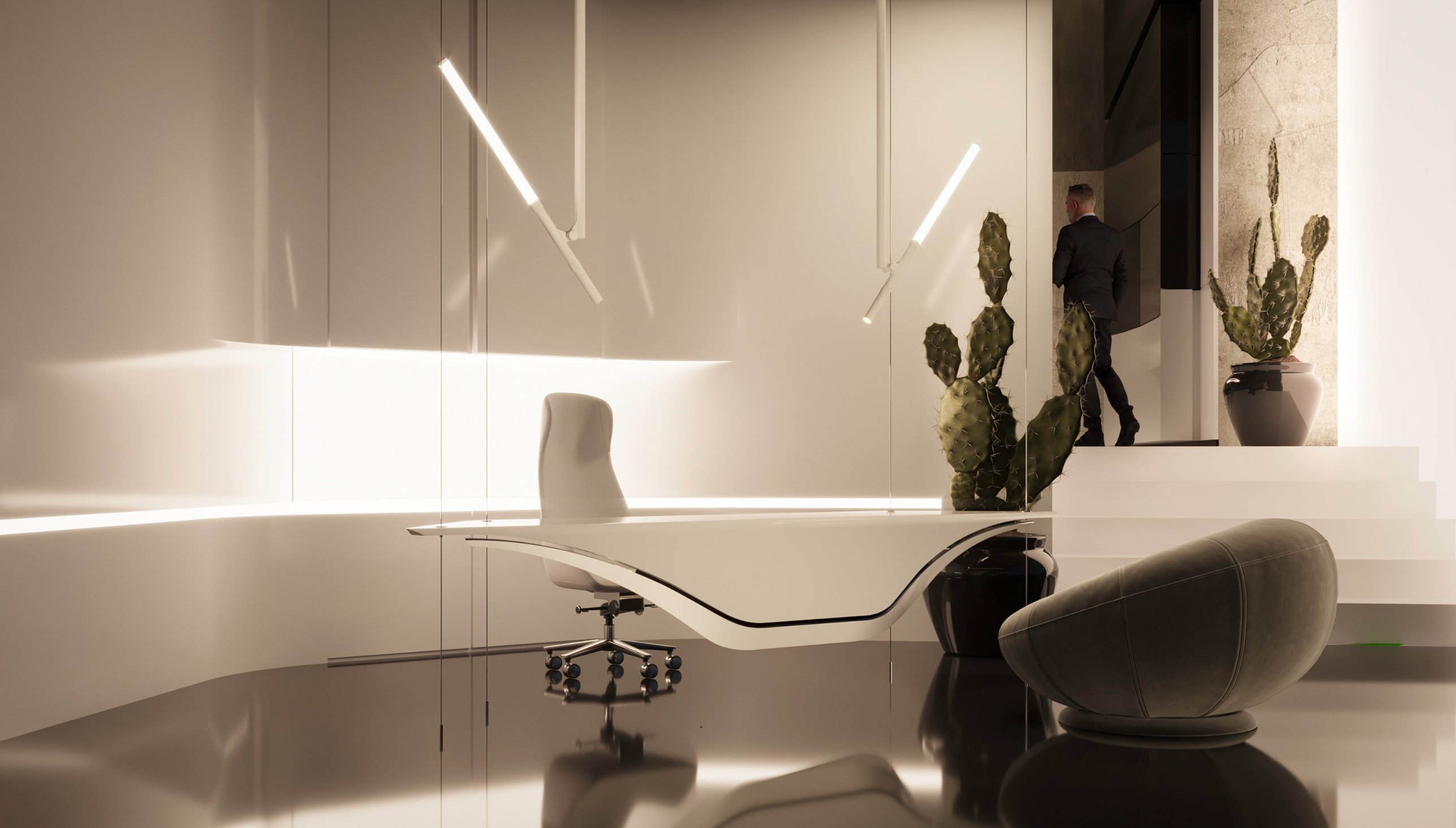 The pale floating reception desk beneath angled light rods, with cacti and a soft lounge chair