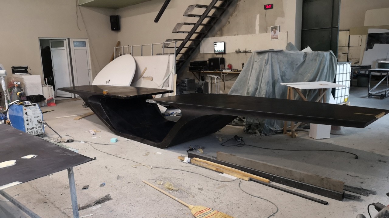 The two table sections assembled in the workshop