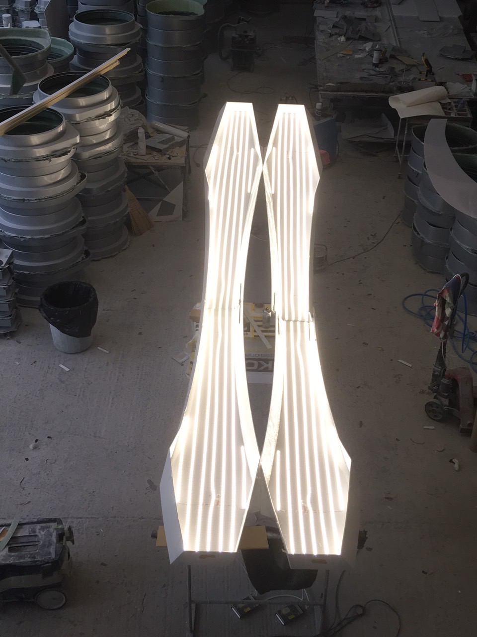 Inside the lighting sculpture: rows of LED strips